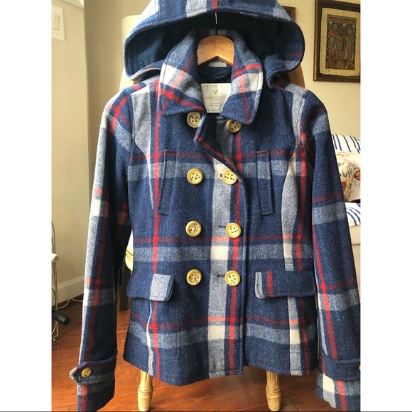American Eagle Outfitters Jackets & Blazers - Plaid wool pea coat with removable hood size SMALL